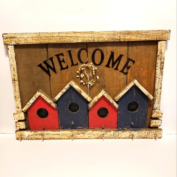 Handmade wooden bird house welcome coat key hanger Farmhouse rustic primitive